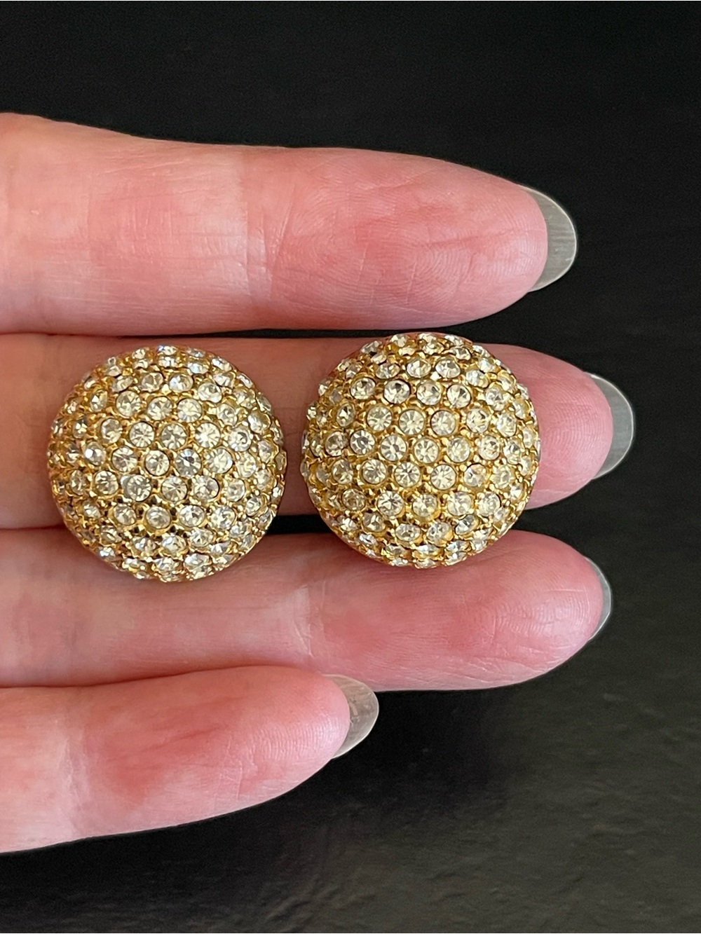 Vintage gold tone Crystal Pave Dome Stud clip on Earrings.